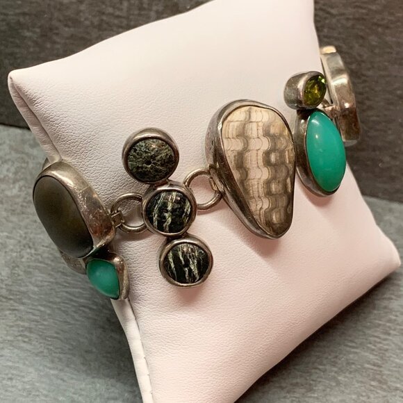 THE DREAMER Vintage Sterling Silver 925 Fossil Stone Boho Unique Bracelet #788 - Picture 2 of 13